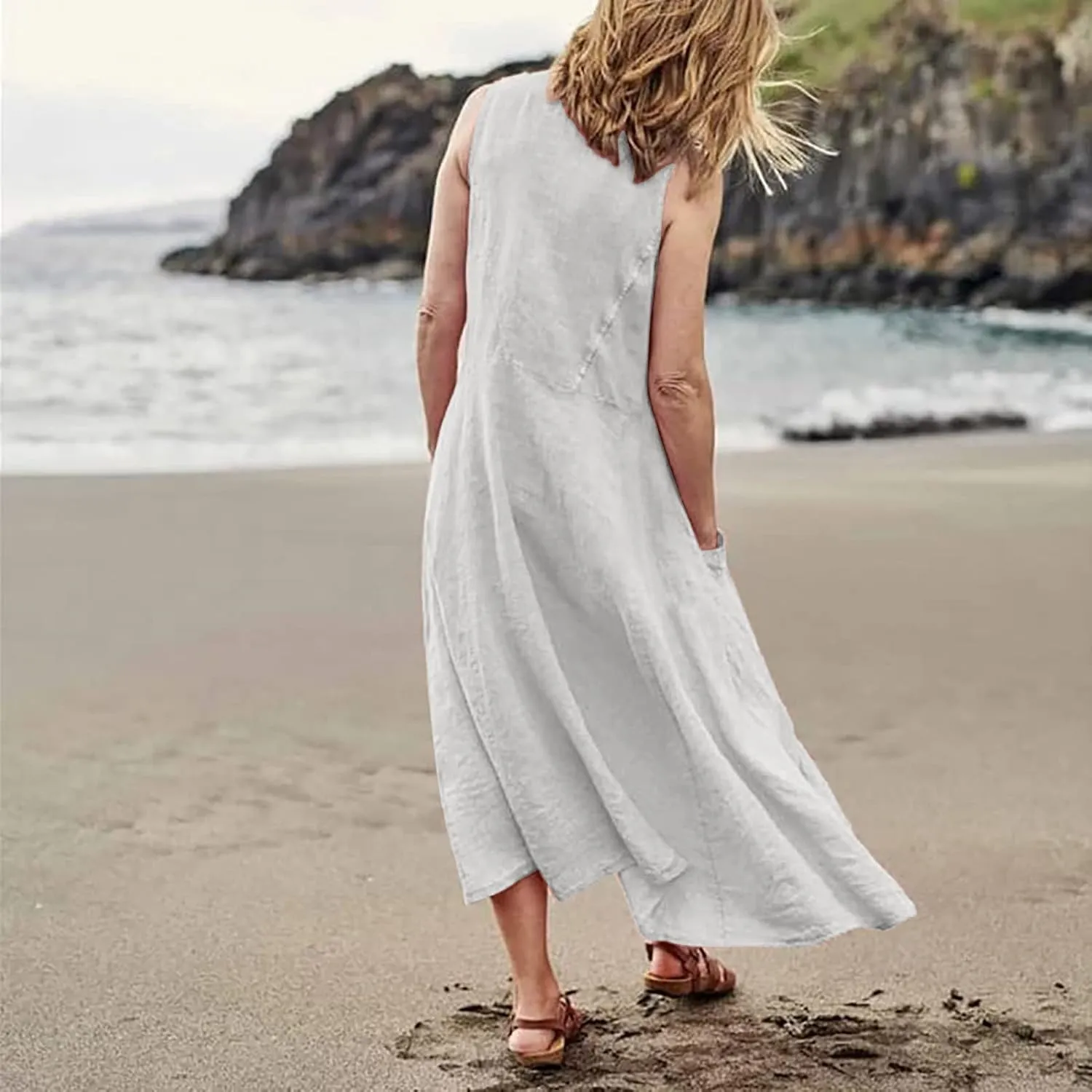 Vacation Dresses for Women 2025 Beach Summer Sleeveless Linen Maxi Dress Boho Flowy Plus Size Sun Dresses with Pocket