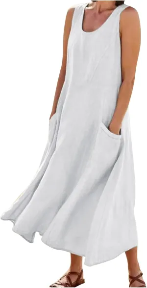 Vacation Dresses for Women 2025 Beach Summer Sleeveless Linen Maxi Dress Boho Flowy Plus Size Sun Dresses with Pocket