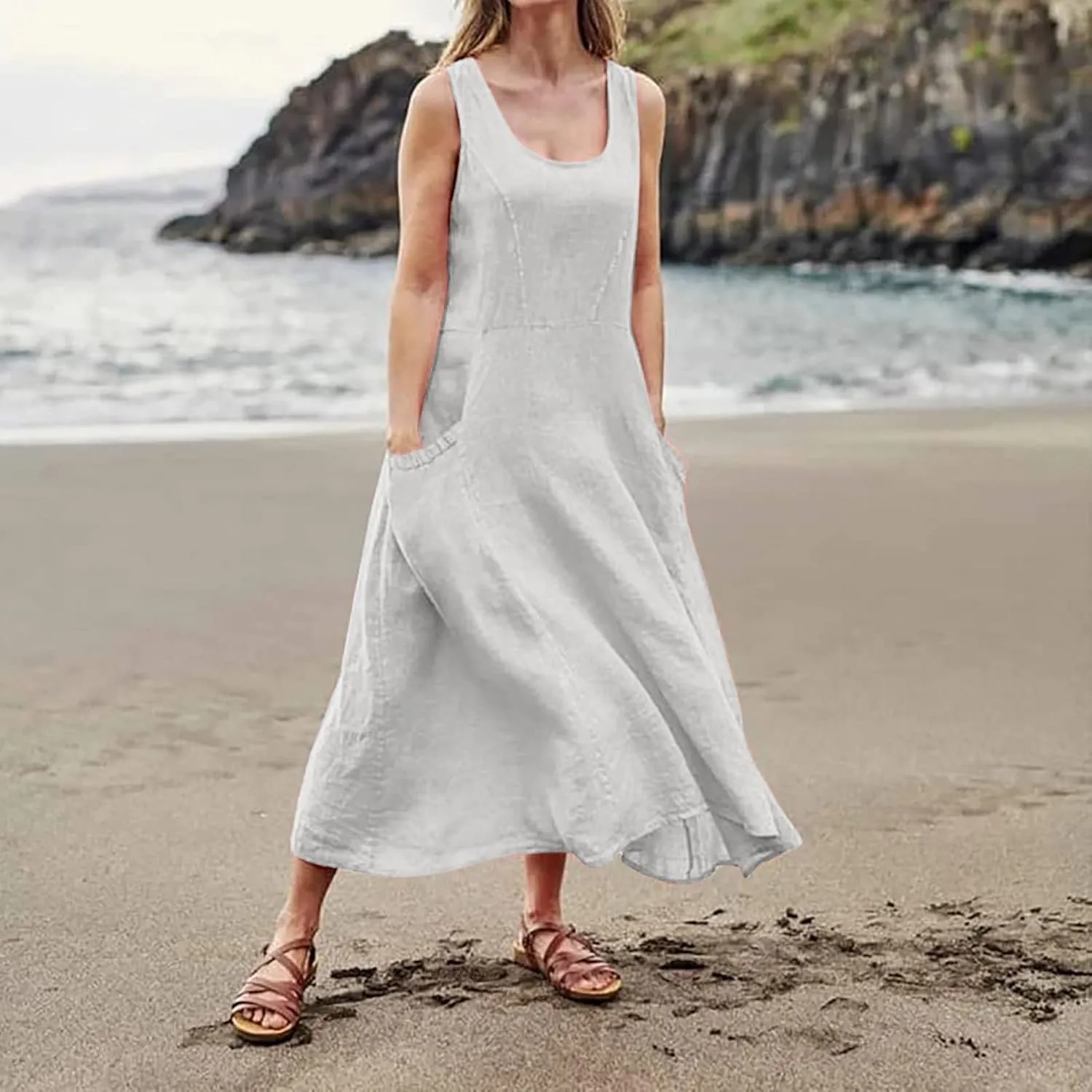 Vacation Dresses for Women 2025 Beach Summer Sleeveless Linen Maxi Dress Boho Flowy Plus Size Sun Dresses with Pocket