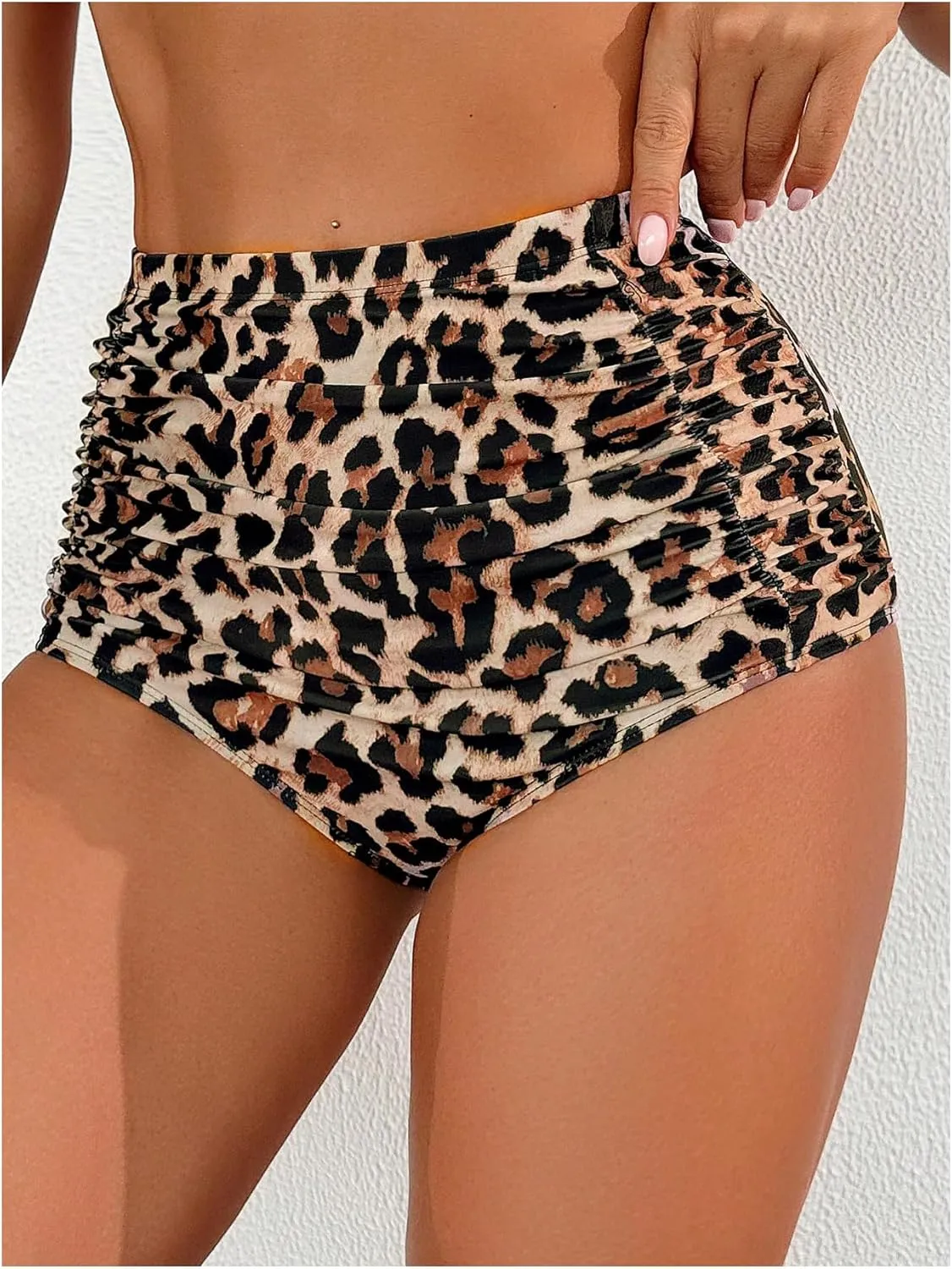 Verdusa Women's Leopard Micro Shorts Ruched High Waisted Bikini Bottoms Tummy Control Uderwear