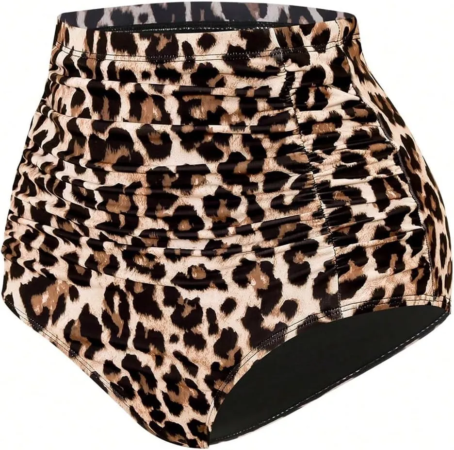 Verdusa Women's Leopard Micro Shorts Ruched High Waisted Bikini Bottoms Tummy Control Uderwear