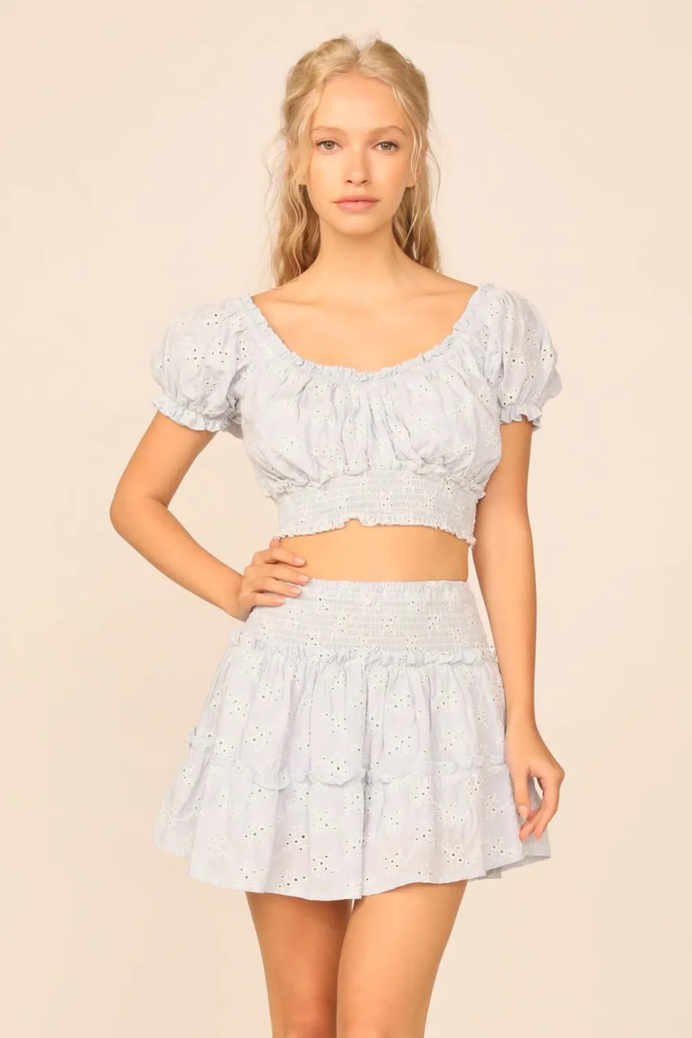 VH x OD - Chambray Blue w/ Ivory Eyelet Smocked Crop Top