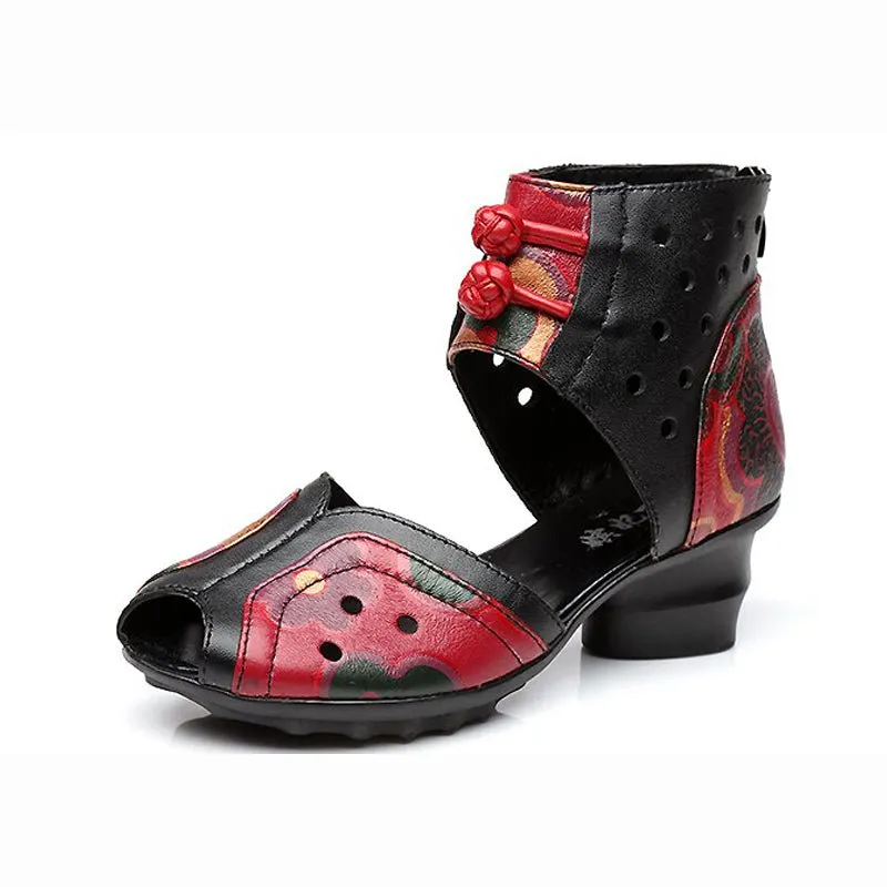 Vintage Etched Cowhide Ankle Strap Non-Slip Sandals