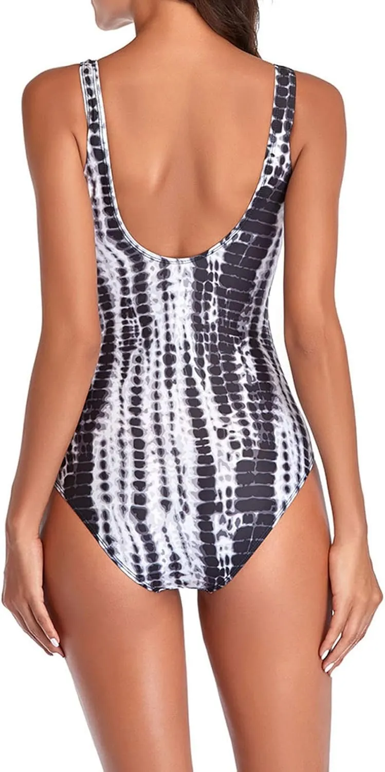 Vintage Tie Dye One Piece Swimsuit for Women Ruched Lace-Up Front Tummy Control Bathing Suit Backless Slim Swimwear