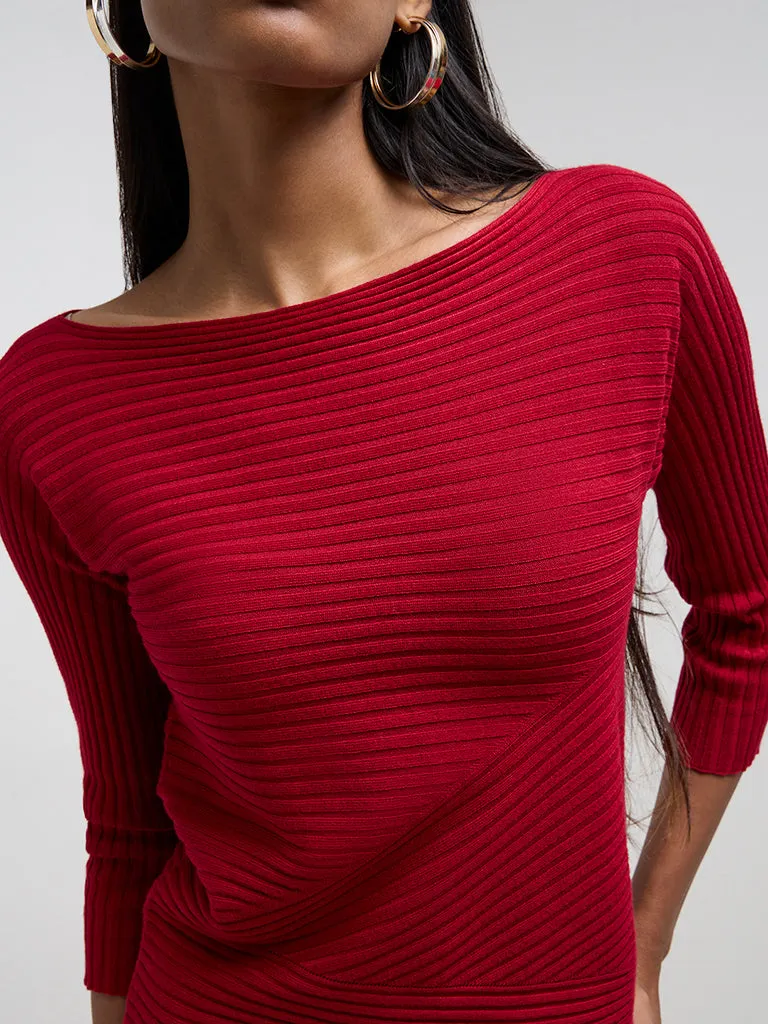 Wardrobe Red Ribbed Textured Sweater