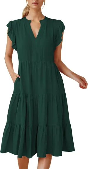 Wedding Guest Dresses for Women 2025 Flowy A Line Cap Sleeve V Neck Casual Midi Sundress Summer Beach Vacation
