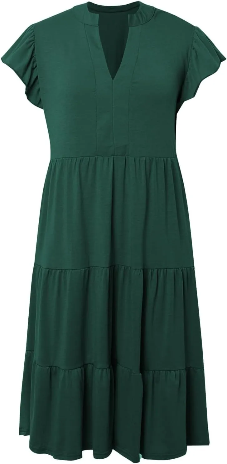 Wedding Guest Dresses for Women 2025 Flowy A Line Cap Sleeve V Neck Casual Midi Sundress Summer Beach Vacation