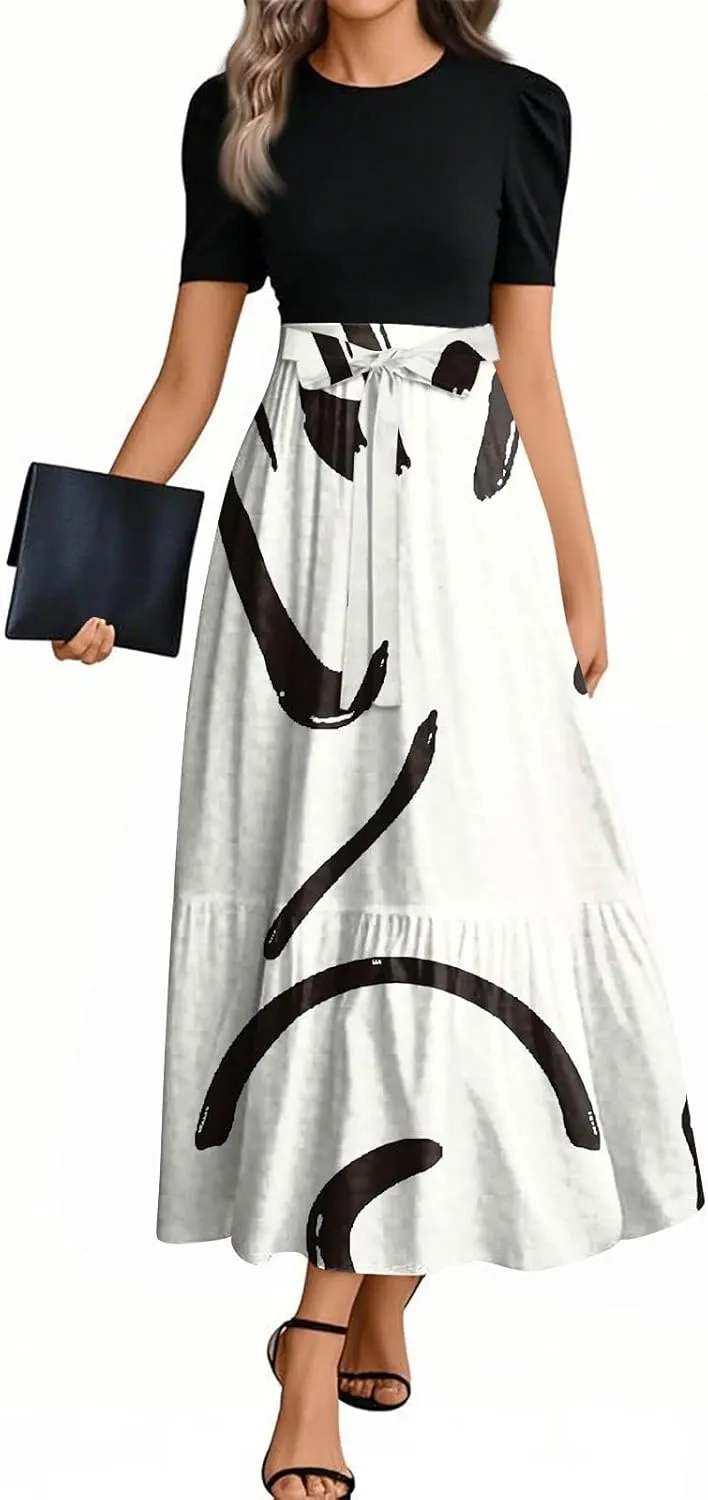 Wedding Guest Maxi Dresses Short Sleeve Crewnck Flowy Ruffle Long Dress Flower Printed Beach Vacation Sundress