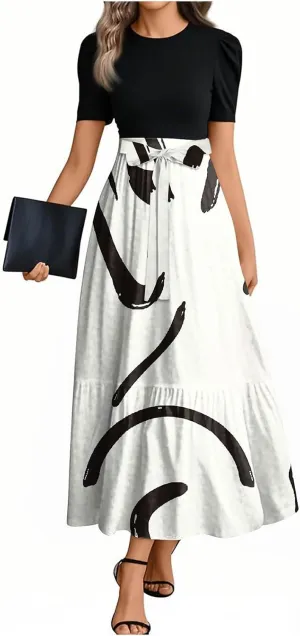 Wedding Guest Maxi Dresses Short Sleeve Crewnck Flowy Ruffle Long Dress Flower Printed Beach Vacation Sundress