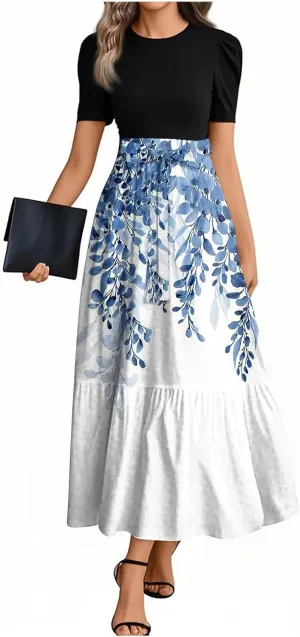 Wedding Guest Maxi Dresses Short Sleeve Crewnck Flowy Ruffle Long Dress Flower Printed Beach Vacation Sundress