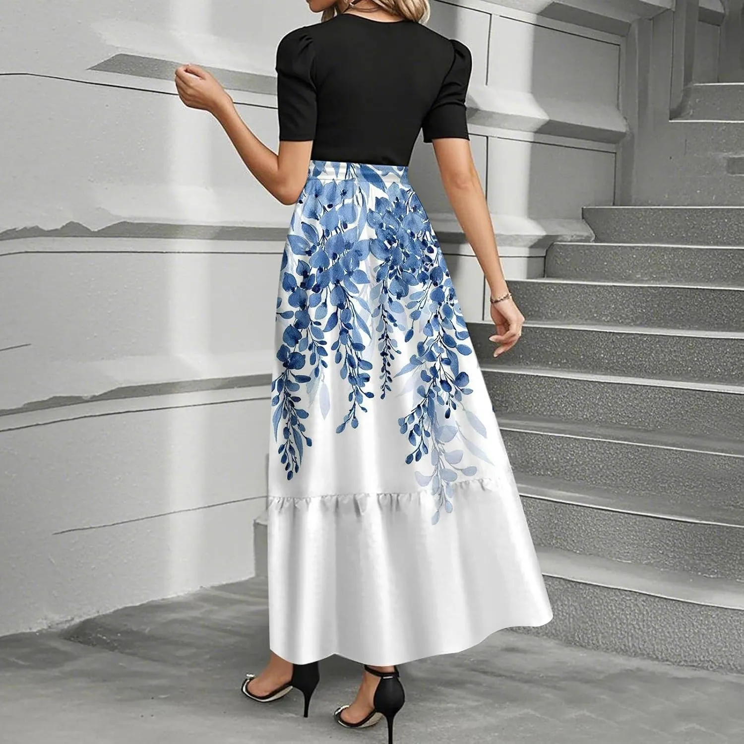 Wedding Guest Maxi Dresses Short Sleeve Crewnck Flowy Ruffle Long Dress Flower Printed Beach Vacation Sundress