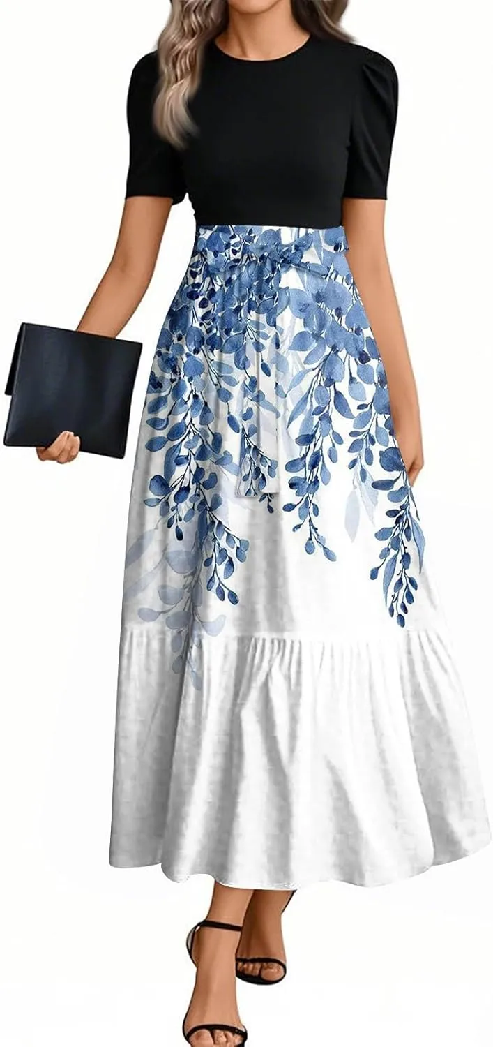Wedding Guest Maxi Dresses Short Sleeve Crewnck Flowy Ruffle Long Dress Flower Printed Beach Vacation Sundress
