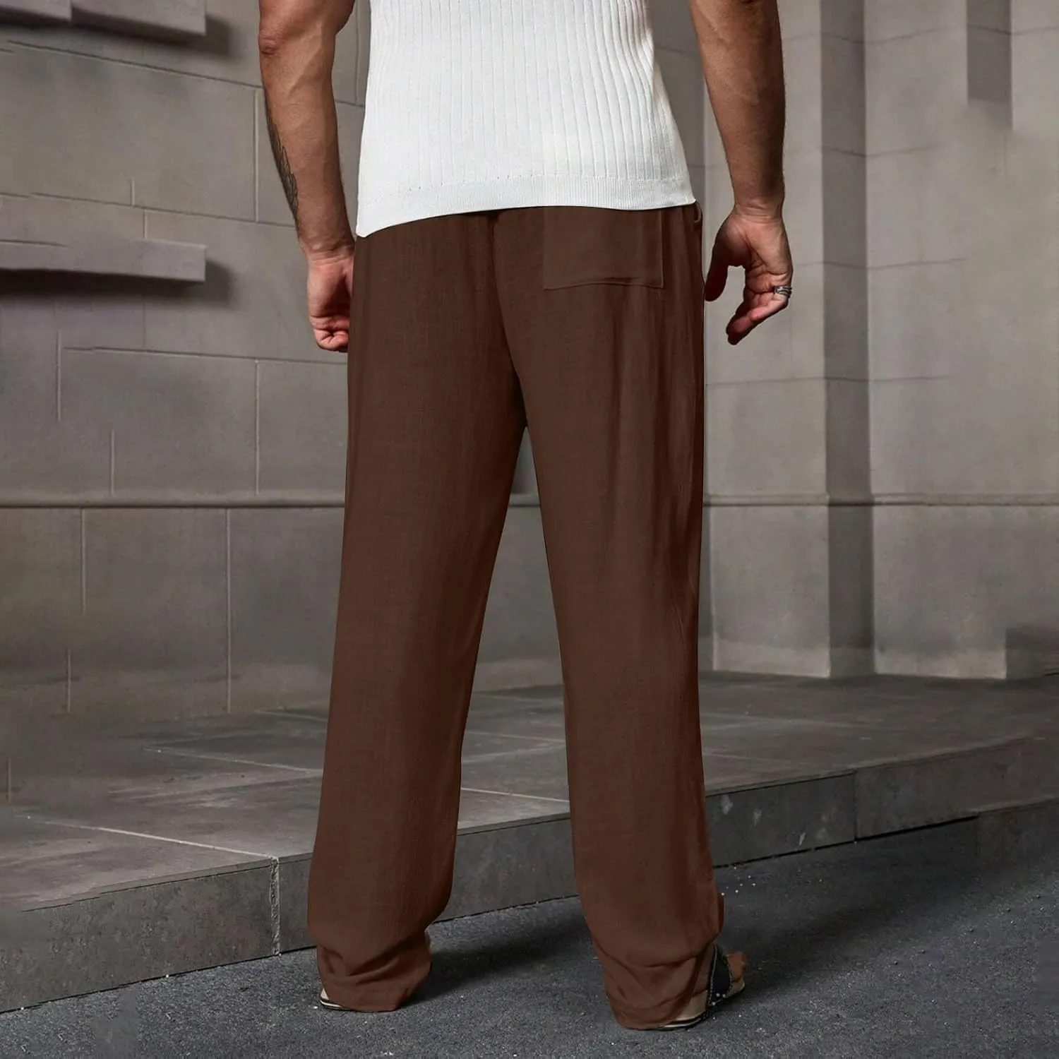 WENKOMG1 Mens Cotton Linen Pants Elastic Waist Drawstring Casual Basic Lounge Pants Straight Leg Pajama Bottoms