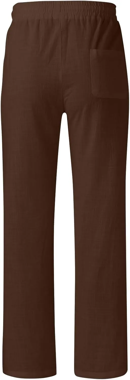 WENKOMG1 Mens Cotton Linen Pants Elastic Waist Drawstring Casual Basic Lounge Pants Straight Leg Pajama Bottoms