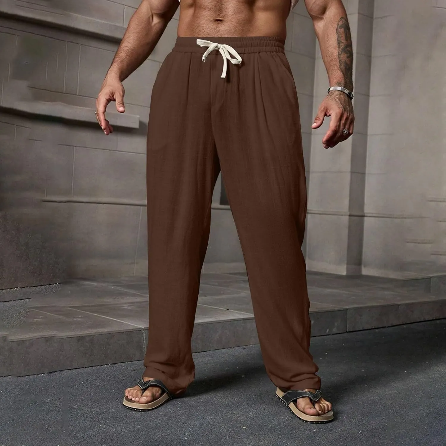 WENKOMG1 Mens Cotton Linen Pants Elastic Waist Drawstring Casual Basic Lounge Pants Straight Leg Pajama Bottoms