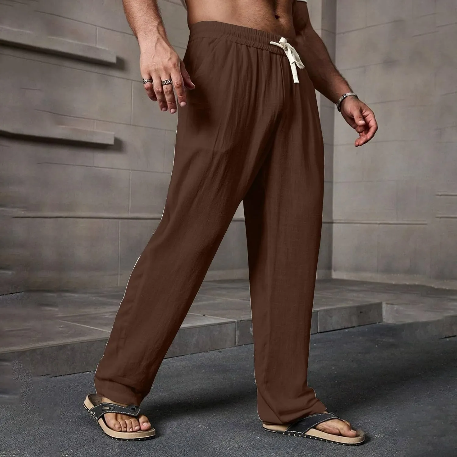 WENKOMG1 Mens Cotton Linen Pants Elastic Waist Drawstring Casual Basic Lounge Pants Straight Leg Pajama Bottoms