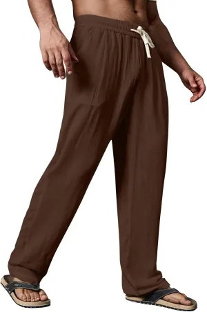 WENKOMG1 Mens Cotton Linen Pants Elastic Waist Drawstring Casual Basic Lounge Pants Straight Leg Pajama Bottoms