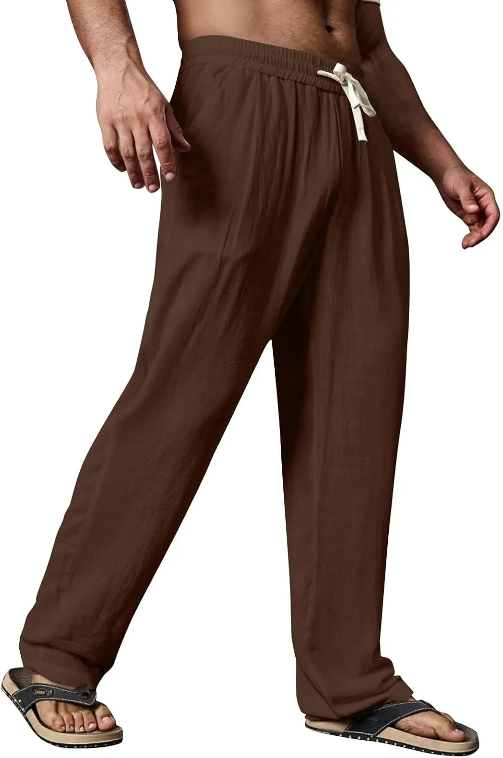 WENKOMG1 Mens Cotton Linen Pants Elastic Waist Drawstring Casual Basic Lounge Pants Straight Leg Pajama Bottoms