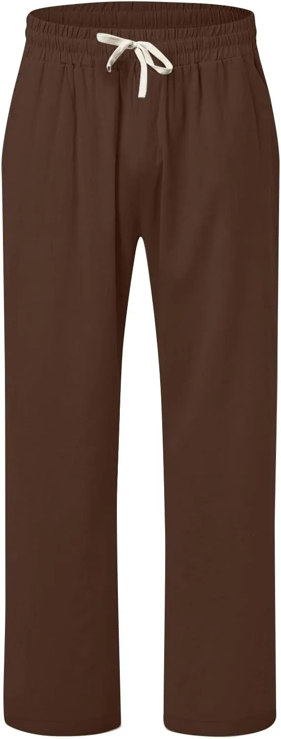 WENKOMG1 Mens Cotton Linen Pants Elastic Waist Drawstring Casual Basic Lounge Pants Straight Leg Pajama Bottoms