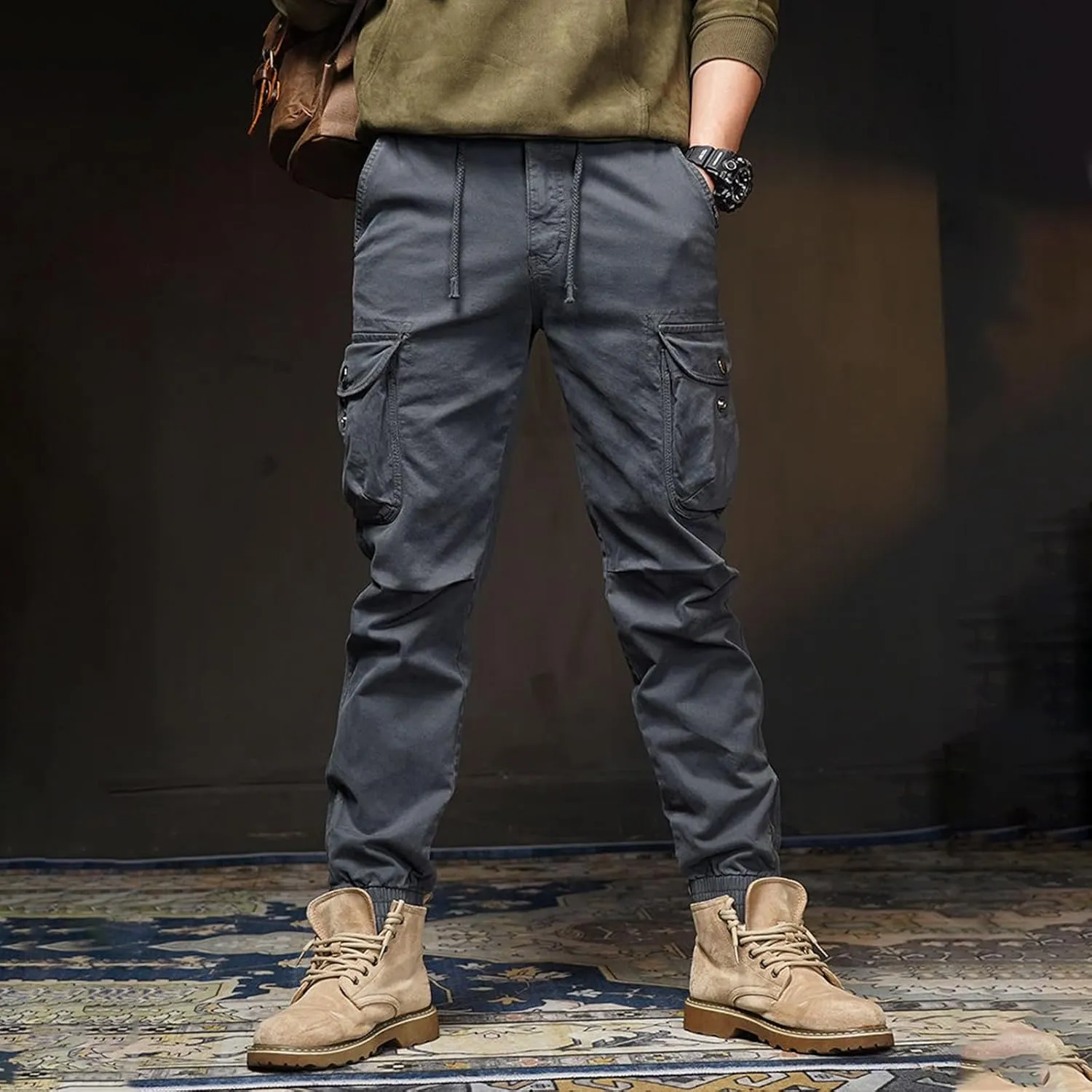 WENKOMG1 Mens Tactical Pants Elastic Waist Drawstring Tapered Ankle Length Multi Pockets Outdoor Military Cargo Pants