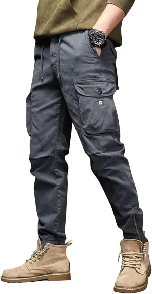 WENKOMG1 Mens Tactical Pants Elastic Waist Drawstring Tapered Ankle Length Multi Pockets Outdoor Military Cargo Pants