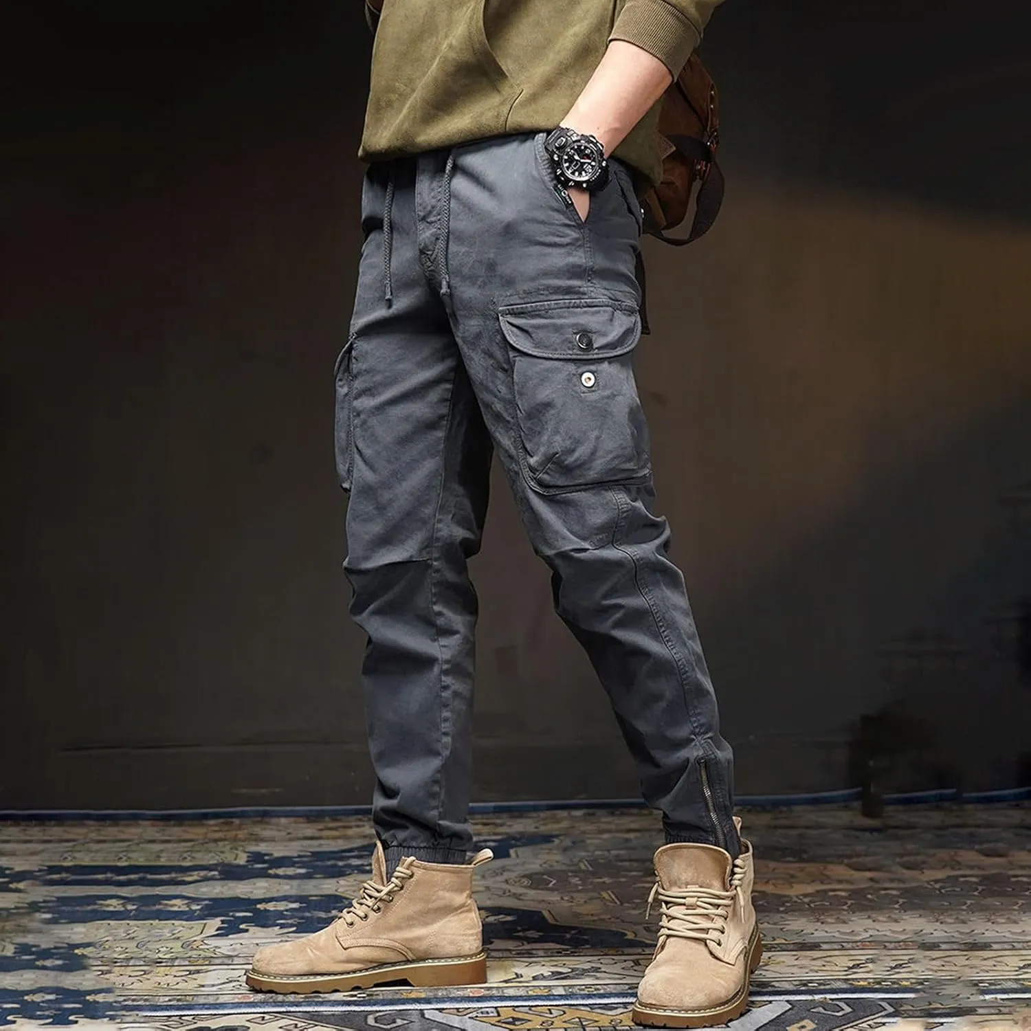 WENKOMG1 Mens Tactical Pants Elastic Waist Drawstring Tapered Ankle Length Multi Pockets Outdoor Military Cargo Pants
