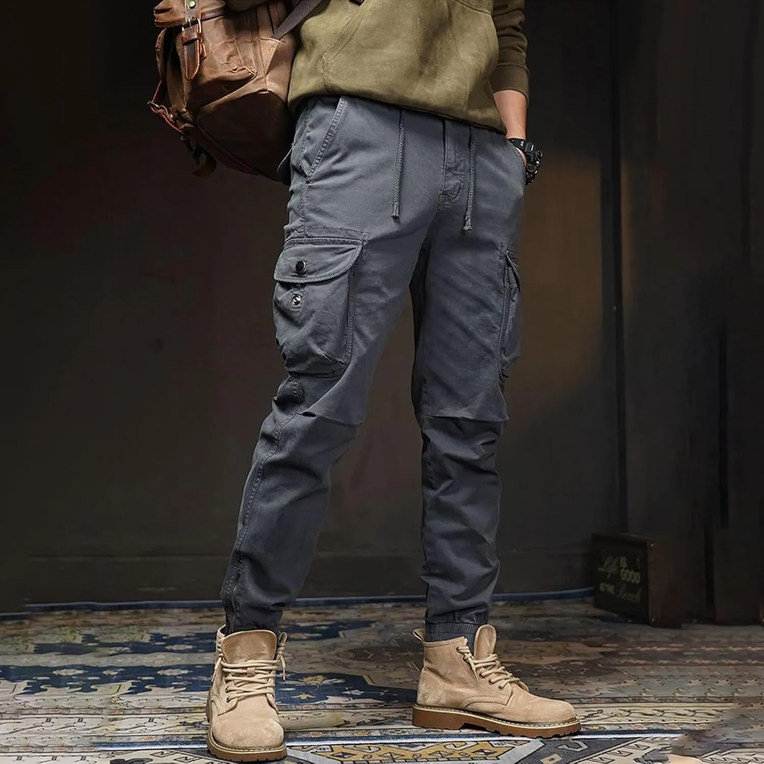 WENKOMG1 Mens Tactical Pants Elastic Waist Drawstring Tapered Ankle Length Multi Pockets Outdoor Military Cargo Pants