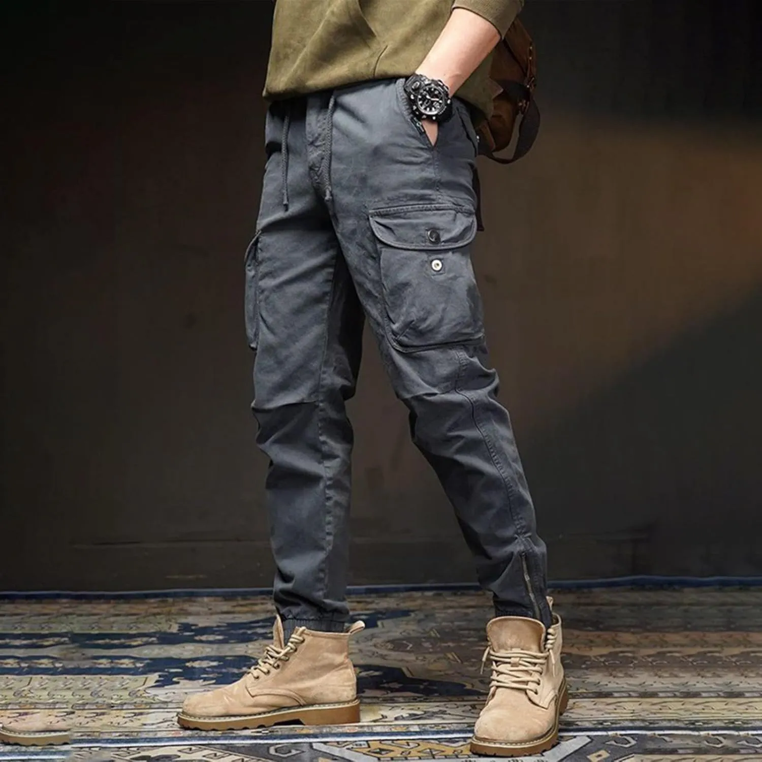 WENKOMG1 Mens Tactical Pants Elastic Waist Drawstring Tapered Ankle Length Multi Pockets Outdoor Military Cargo Pants
