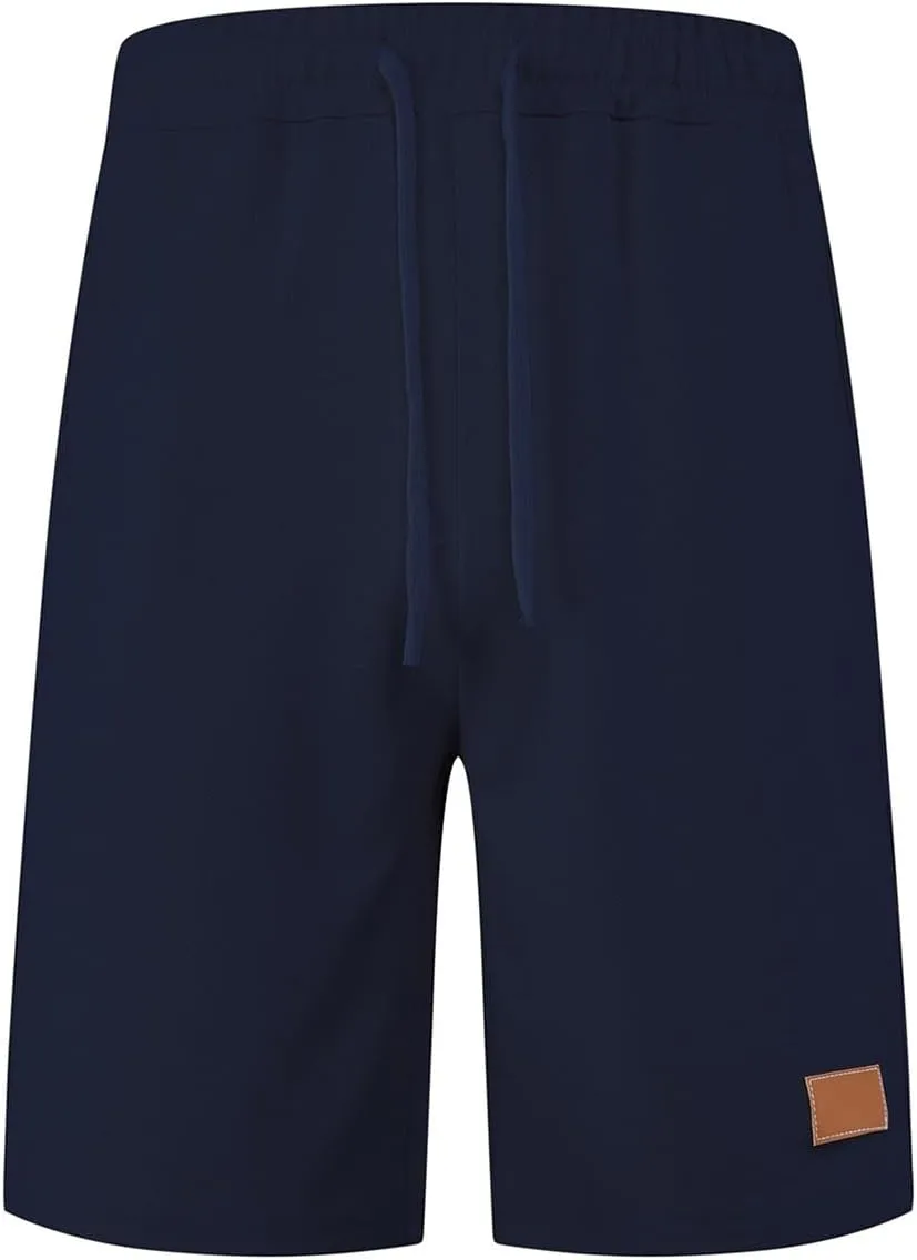 WENKOMG1 Mens Waffle Shorts Knitted Elastic Waist Drawstring Lounge Wear Breathable Solid Color Casual Shorts