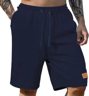 WENKOMG1 Mens Waffle Shorts Knitted Elastic Waist Drawstring Lounge Wear Breathable Solid Color Casual Shorts