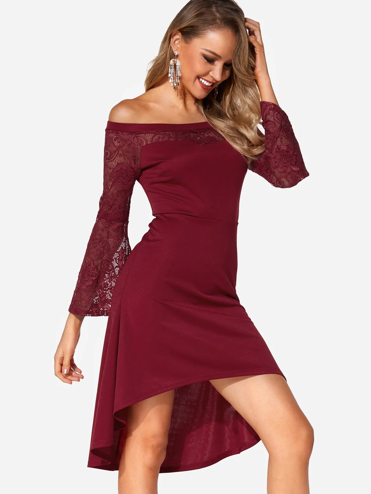 Wholesale Burgundy Off The Shoulder Long Sleeve Lace High-Low Hem Sexy Dresses