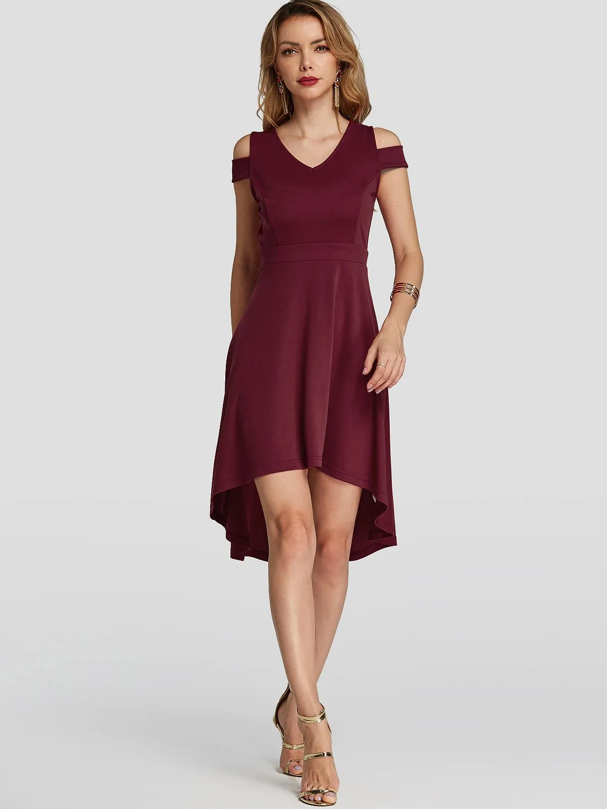 Wholesale Burgundy V-Neck Cold Shoulder Short Sleeve Plain High-Low Hem Sexy Dress