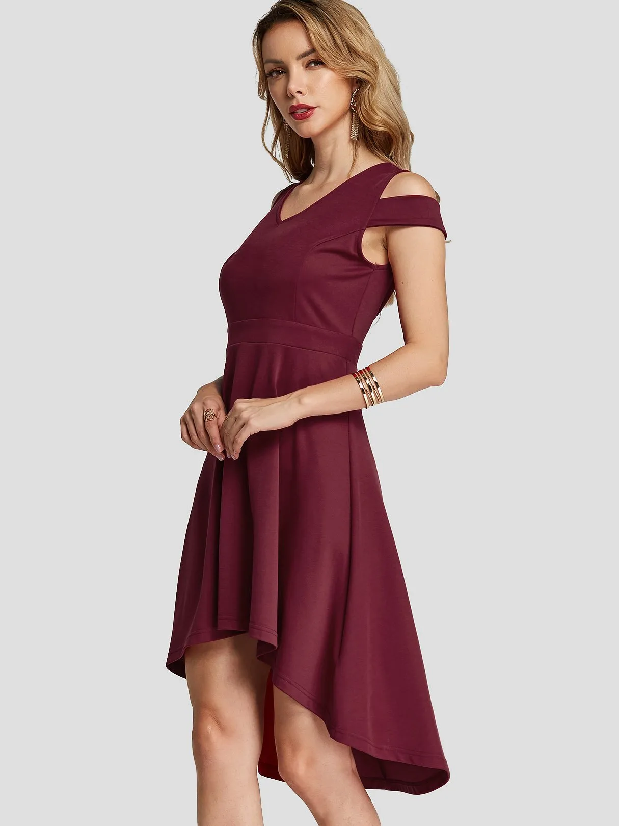Wholesale Burgundy V-Neck Cold Shoulder Short Sleeve Plain High-Low Hem Sexy Dress