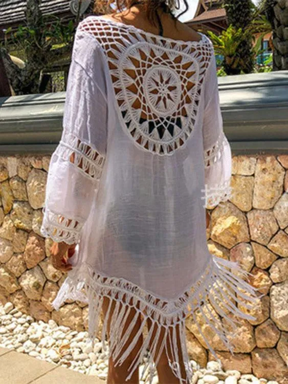 Wholesale Round Neck Long Sleeve Tiered Hollow Tassel Hem Beachwear