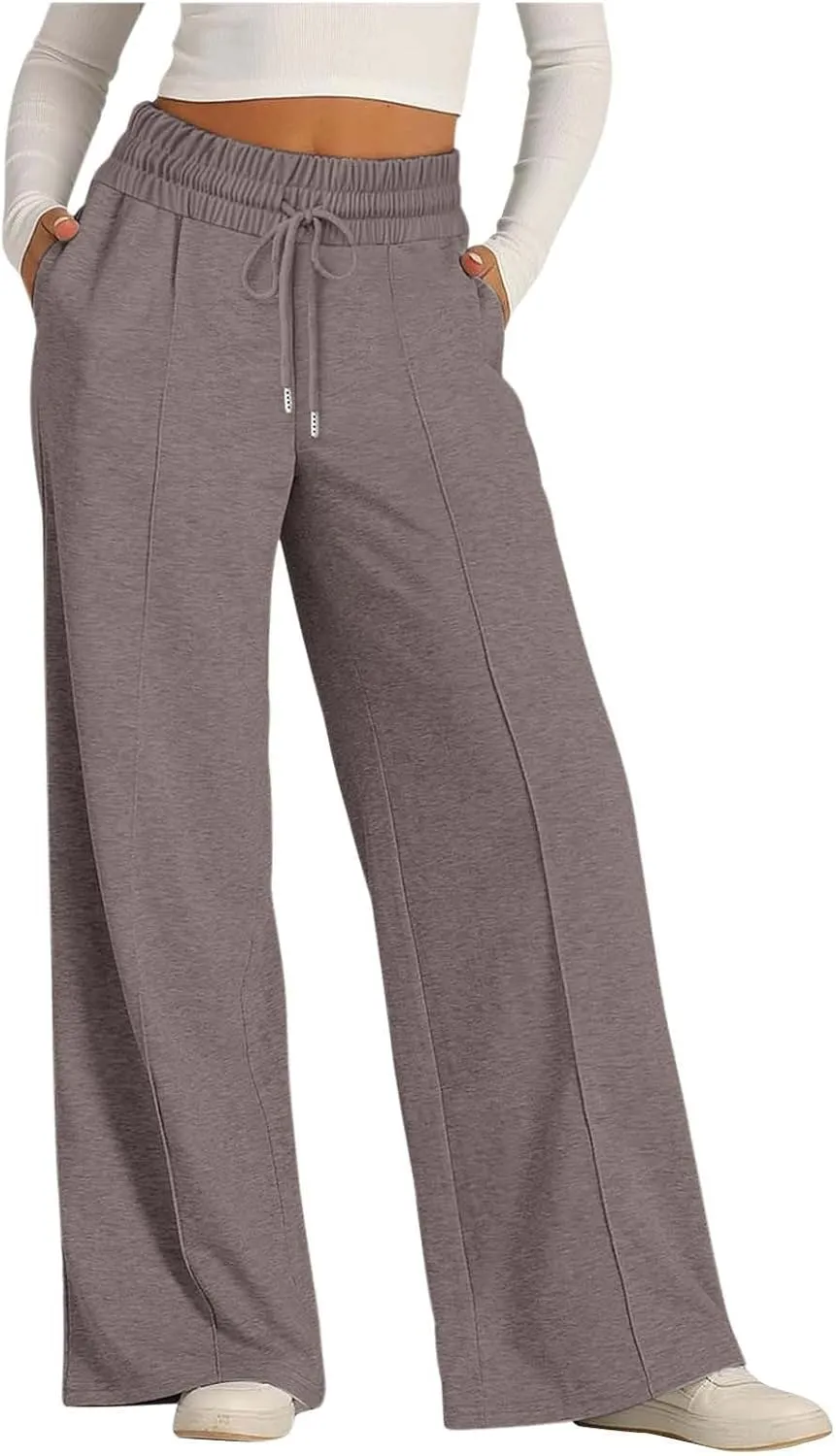 Wide Leg Trousers for Women Elasticated Waist Loose Stretch Sweatpants Casual Straight Plus Size Palazzo Pants with Pockets