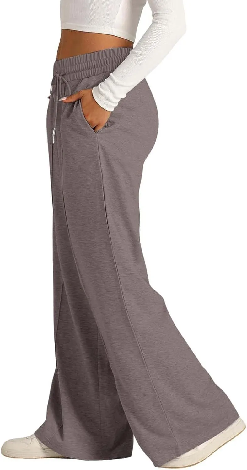 Wide Leg Trousers for Women Elasticated Waist Loose Stretch Sweatpants Casual Straight Plus Size Palazzo Pants with Pockets