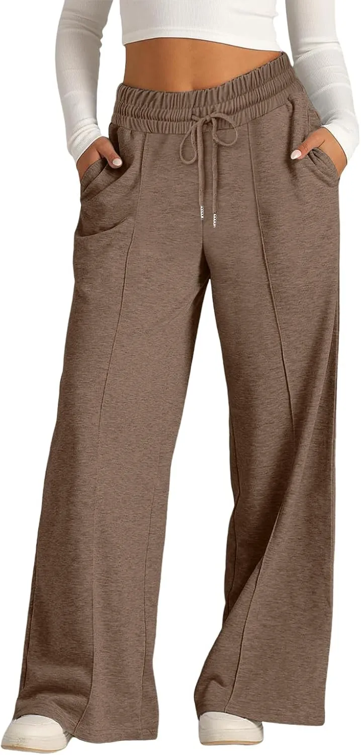 Wide Leg Trousers for Women Elasticated Waist Loose Stretch Sweatpants Casual Straight Plus Size Palazzo Pants with Pockets