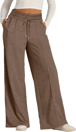 Wide Leg Trousers for Women Elasticated Waist Loose Stretch Sweatpants Casual Straight Plus Size Palazzo Pants with Pockets