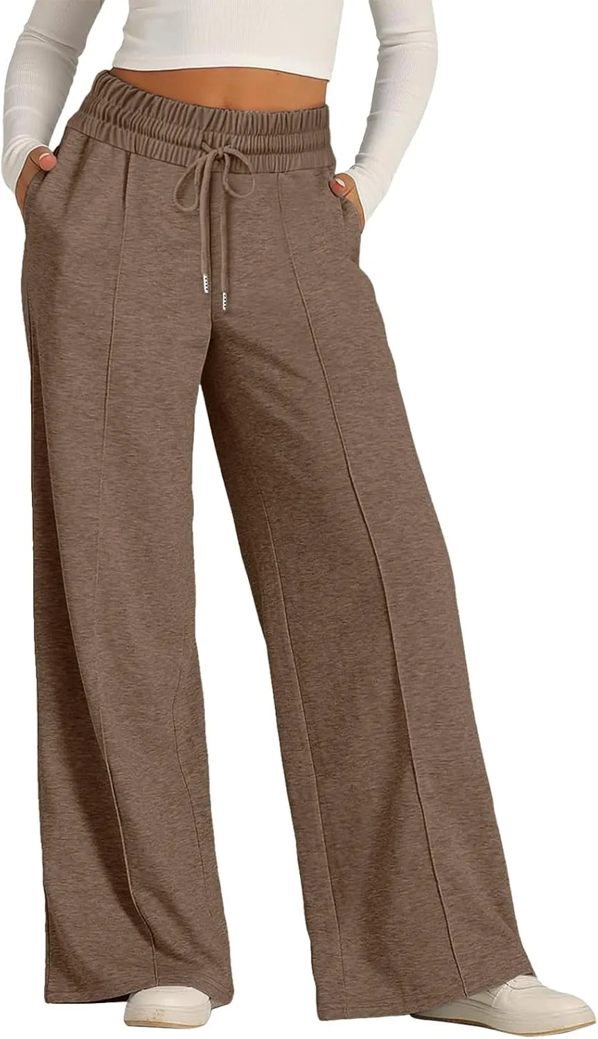 Wide Leg Trousers for Women Elasticated Waist Loose Stretch Sweatpants Casual Straight Plus Size Palazzo Pants with Pockets