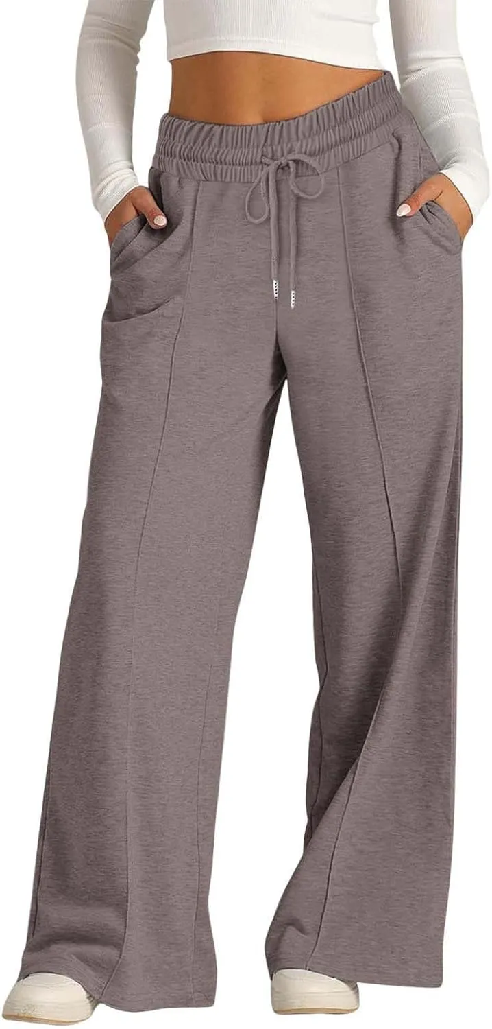 Wide Leg Trousers for Women Elasticated Waist Loose Stretch Sweatpants Casual Straight Plus Size Palazzo Pants with Pockets