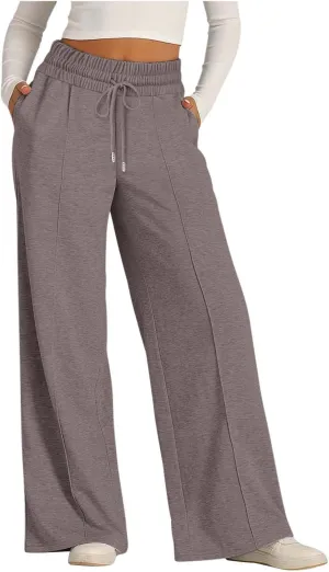 Wide Leg Trousers for Women Elasticated Waist Loose Stretch Sweatpants Casual Straight Plus Size Palazzo Pants with Pockets