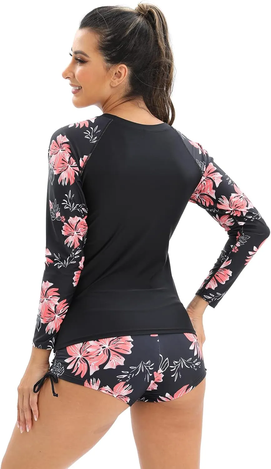 Women 2 Piece Rash Guard Long Sleeve Swimsuits Swim Shirt with Shorts Set Sun Protection UPF 50  Surf Bathing Suits