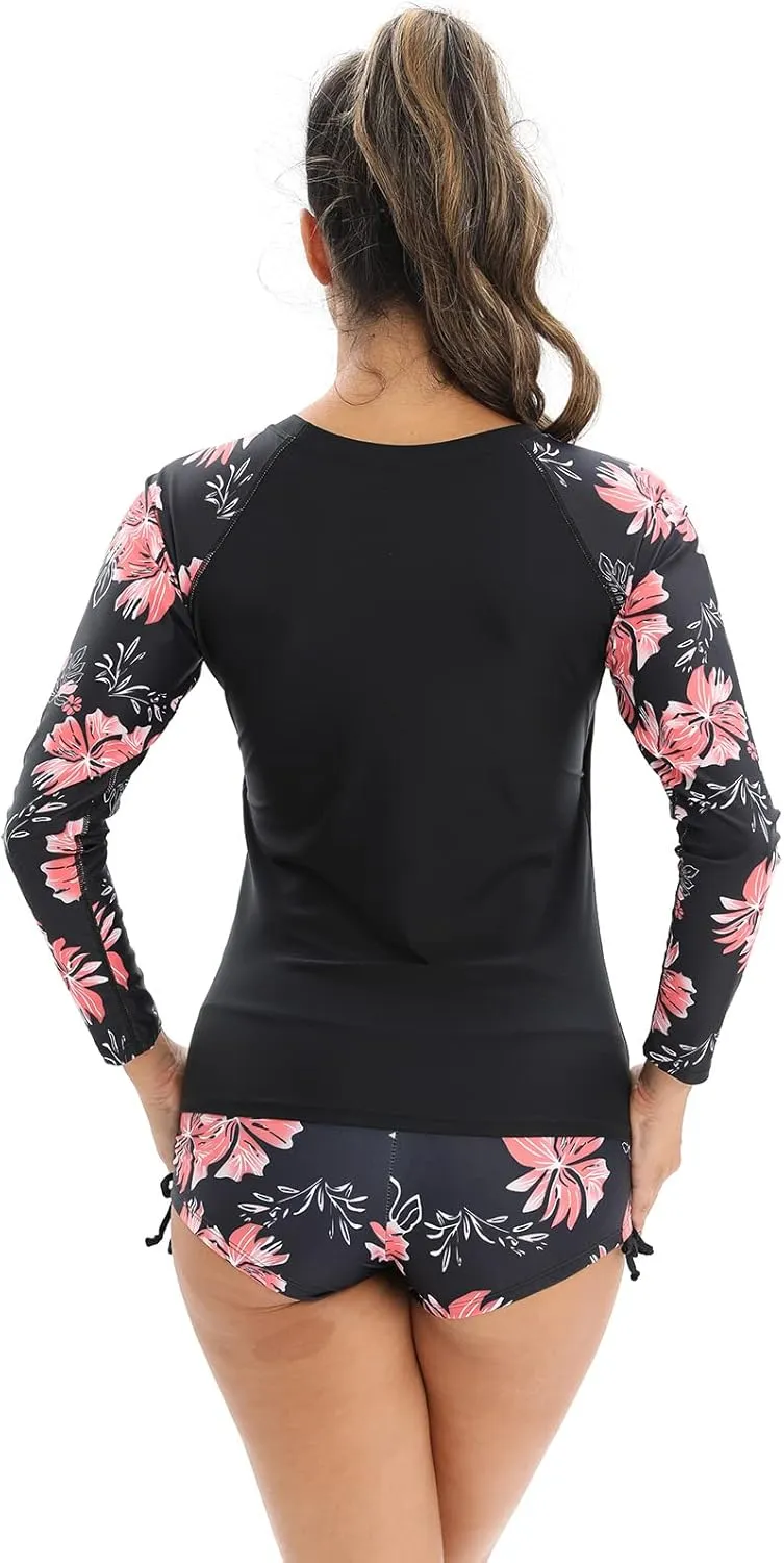 Women 2 Piece Rash Guard Long Sleeve Swimsuits Swim Shirt with Shorts Set Sun Protection UPF 50  Surf Bathing Suits