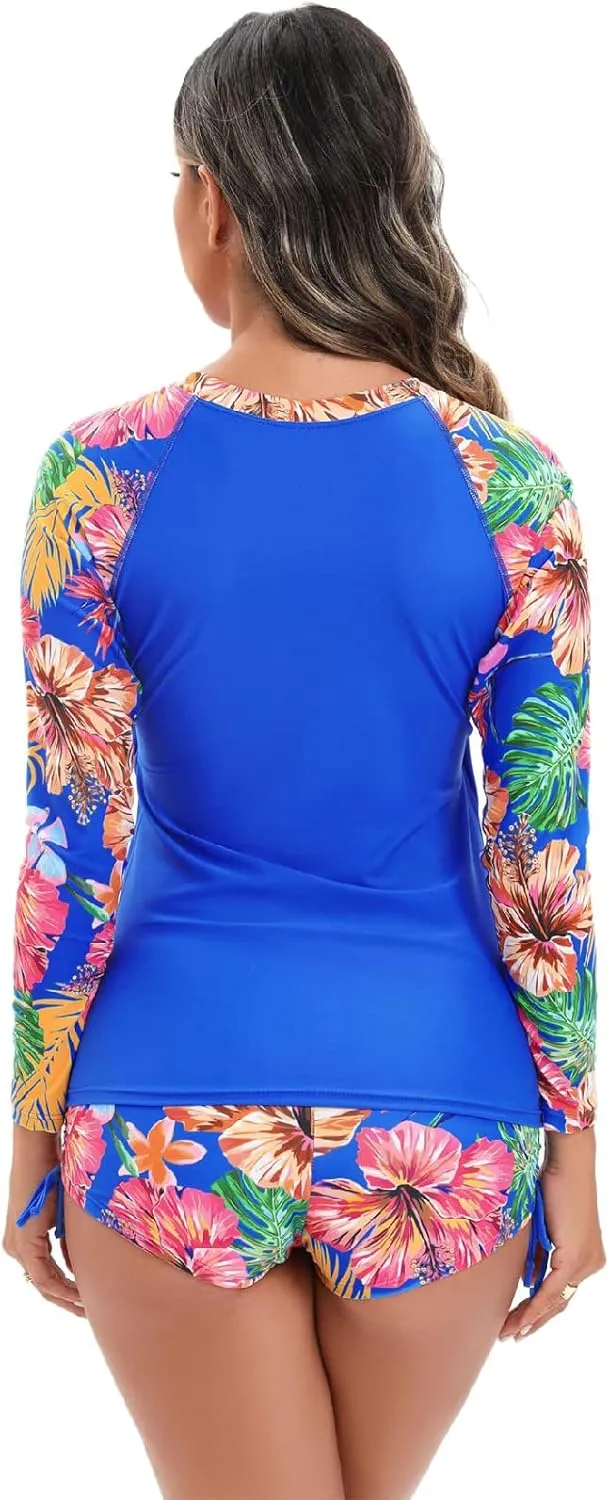 Women 2 Piece Rash Guard Long Sleeve Swimsuits Swim Shirt with Shorts Set Sun Protection UPF 50  Surf Bathing Suits