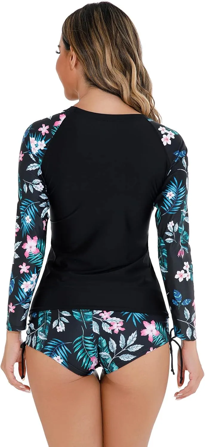 Women 2 Piece Rash Guard Long Sleeve Swimsuits Swim Shirt with Shorts Set Sun Protection UPF 50  Surf Bathing Suits