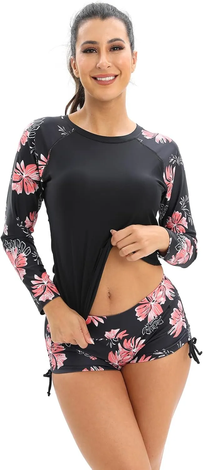 Women 2 Piece Rash Guard Long Sleeve Swimsuits Swim Shirt with Shorts Set Sun Protection UPF 50  Surf Bathing Suits