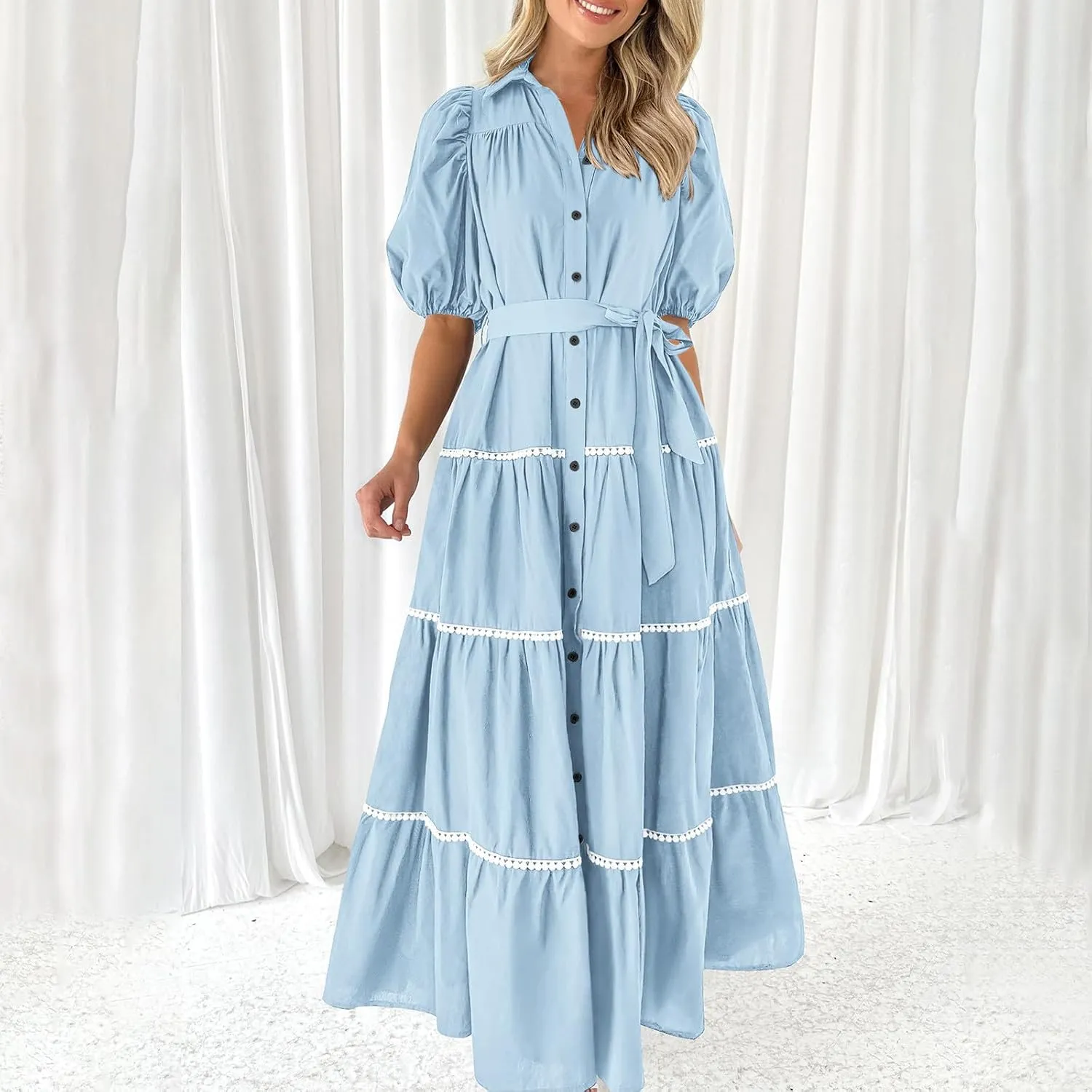 Women 2025 Summer Puff Sleeve Dresses Casual Tiered Ruffle Maxi Dress Ladies Elegant Lace-Up Waist Shirt Dress