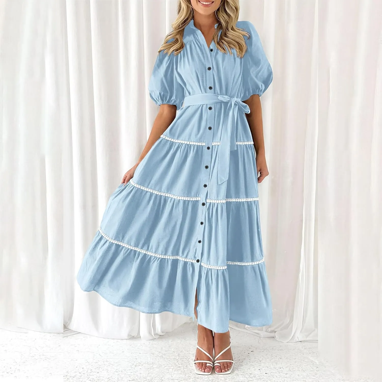 Women 2025 Summer Puff Sleeve Dresses Casual Tiered Ruffle Maxi Dress Ladies Elegant Lace-Up Waist Shirt Dress