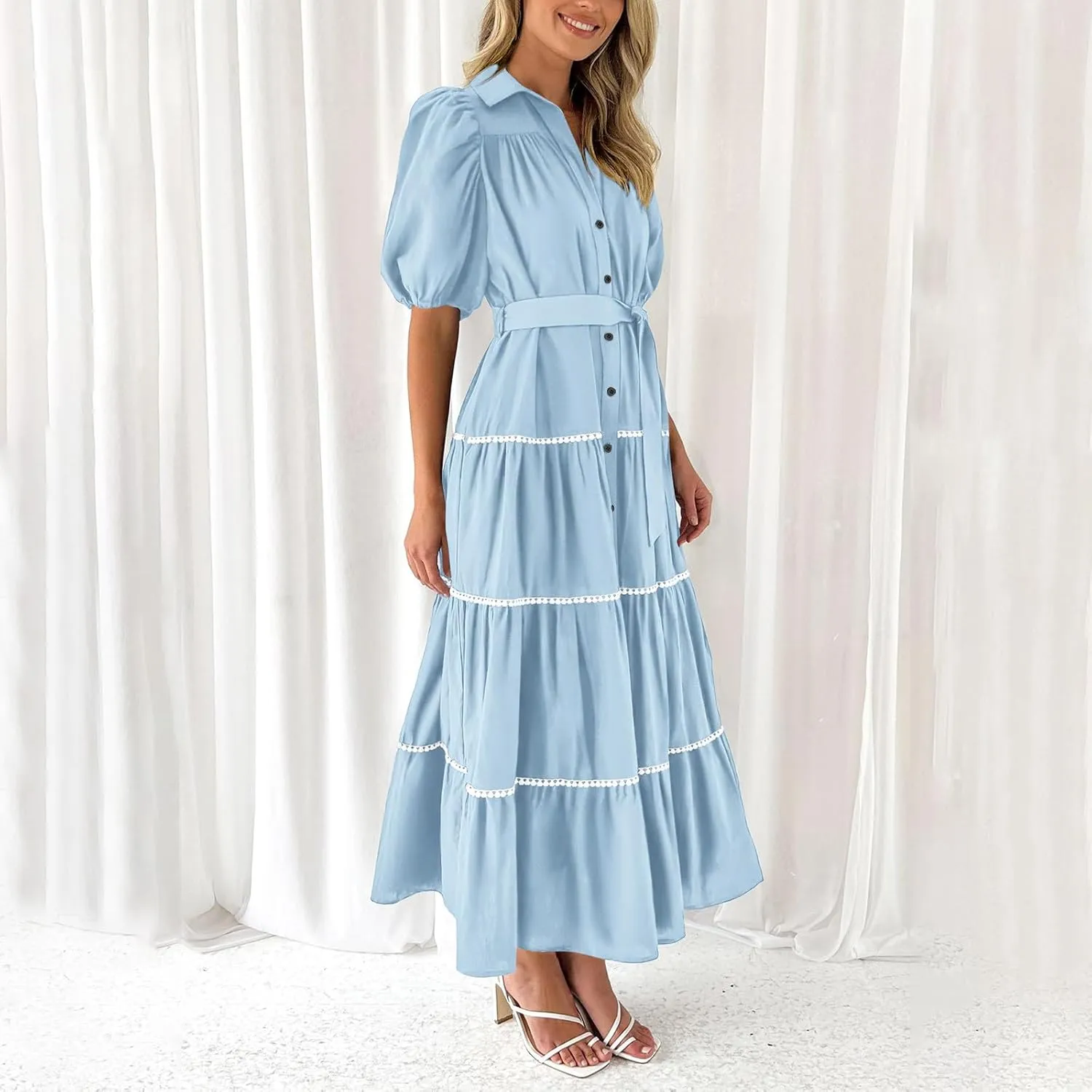 Women 2025 Summer Puff Sleeve Dresses Casual Tiered Ruffle Maxi Dress Ladies Elegant Lace-Up Waist Shirt Dress
