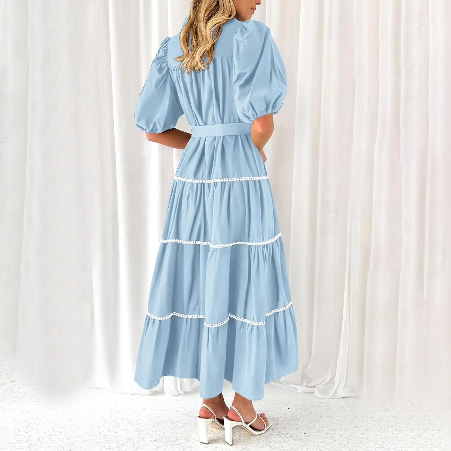 Women 2025 Summer Puff Sleeve Dresses Casual Tiered Ruffle Maxi Dress Ladies Elegant Lace-Up Waist Shirt Dress